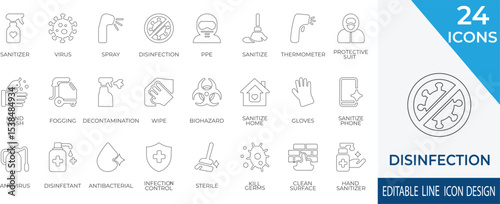Essential line-style icons for hygiene, virus protection, and surface disinfection. Perfect for healthcare, safety instructions, and cleaning-related design projects.