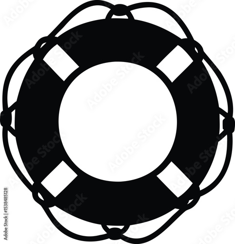 Stylized black and white illustration of a life preserver ring, rescue device