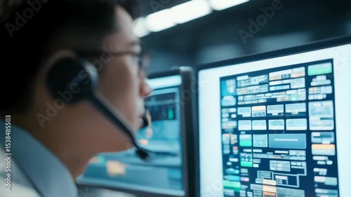 A customer service pro offers support using a headset and monitors