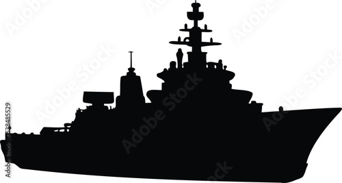 Silhouette of a modern warship against a stark white background afloat