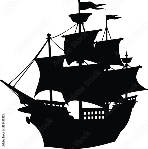 Silhouette of a vintage sailing ship with flags on a white background