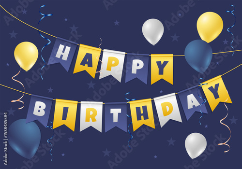 Happy Birthday blue congratulation greeting card with balloons and flags