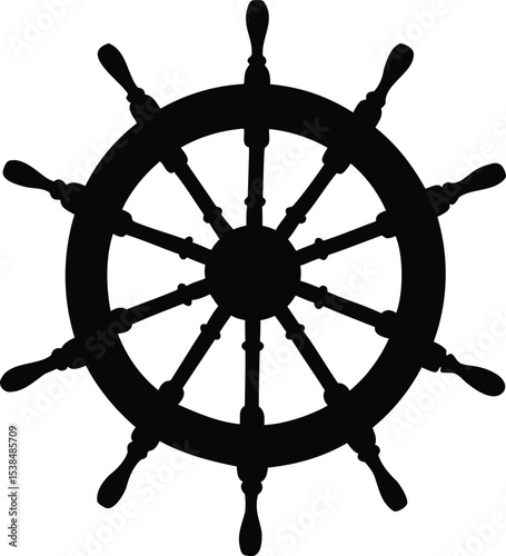 Black and white image of a ship's wheel, representing nautical themes