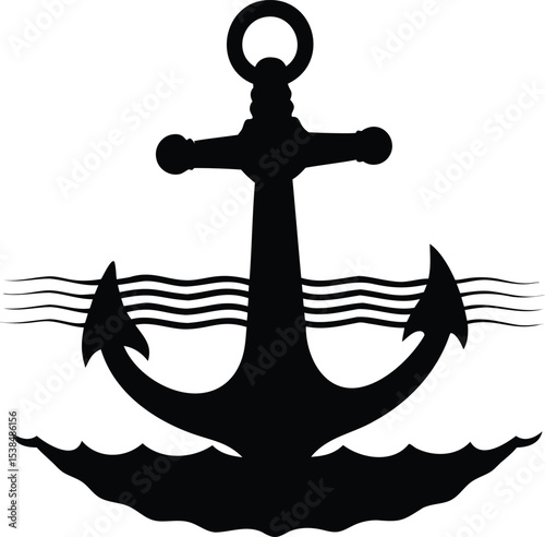 Silhouette of a Black Anchor Surrounded by Water on a White Background