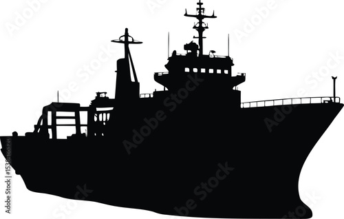 Silhouette of a Large Naval Vessel Against a White Background, side view