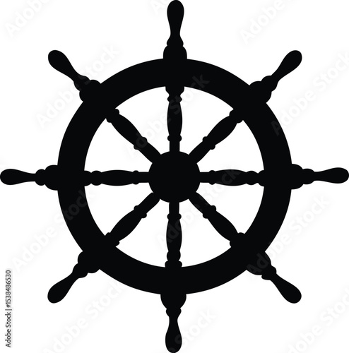 Black Silhouette of a Ship's Steering Wheel Isolated on White Background