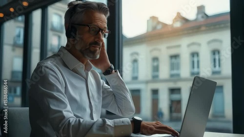 Customer service agent engages with clients while seated at a computer desk