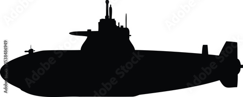 Silhouette of a naval nuclear submarine cruising underwater with a stealthy design