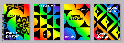 Abstract gradient geometric patterns on black background vector set for cover template. Music poster design. Trendy design for music festival, club, party, cards, flyer, social media, ads.