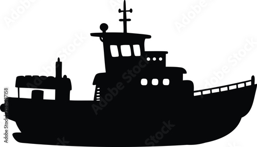 Black silhouette of a vintage tugboat sailing on the open water