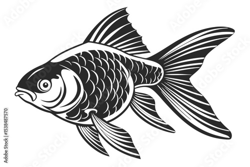 Detailed monochrome goldfish swims gracefully, showcasing its intricate scales and flowing fins against white