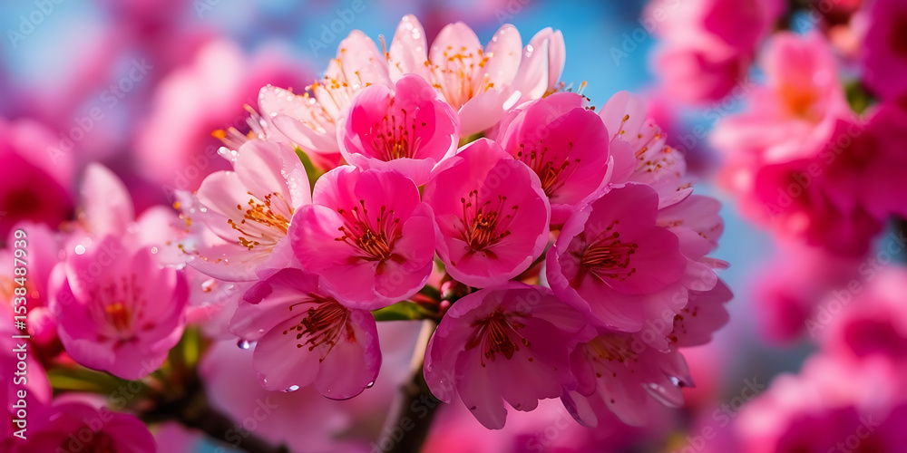 Fototapeta premium Cherry Blossoms with Droplets Against Blue Sky