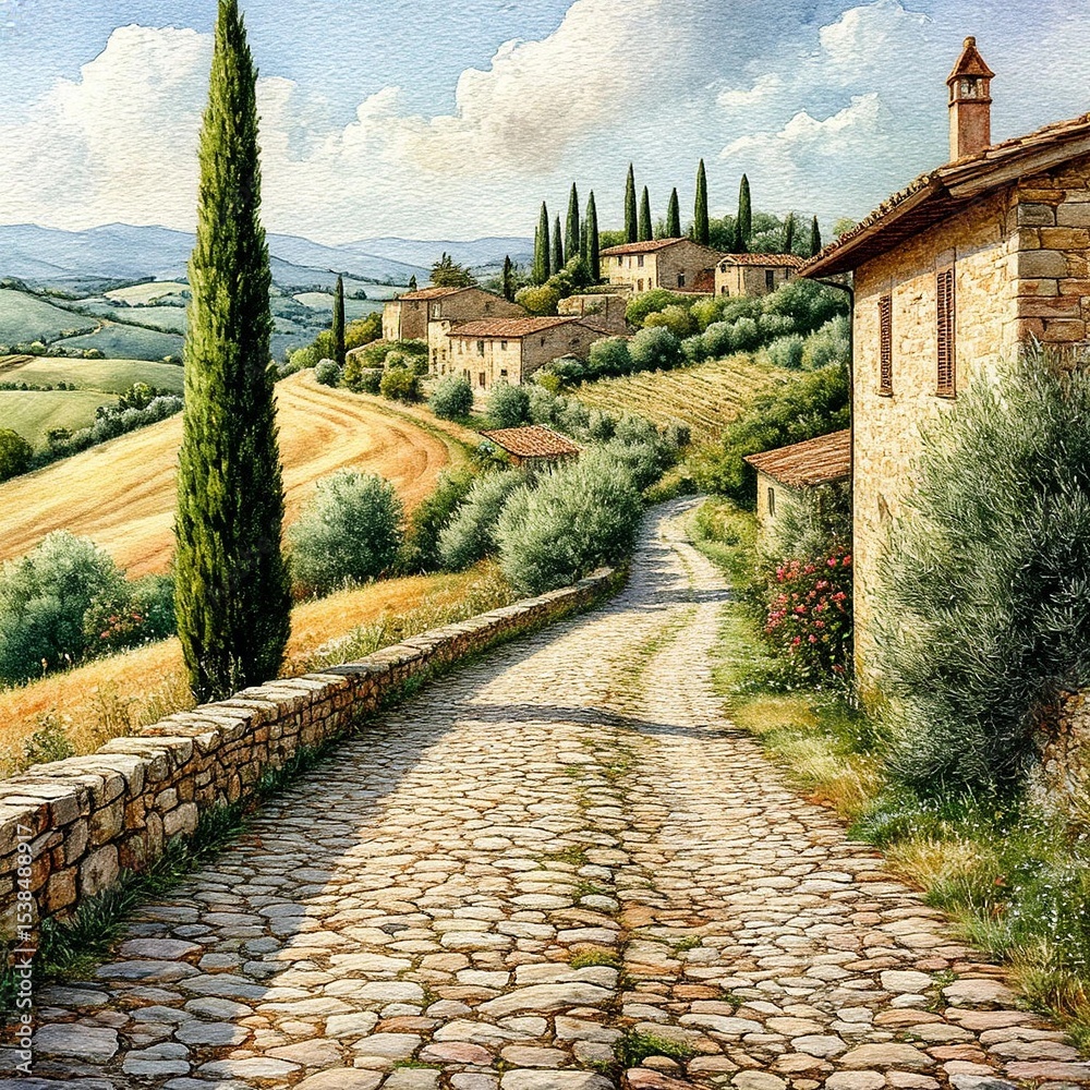 Obraz premium Ancient stone road leads through hills of Tuscany to villa, cypresses and lush greenery. Watercolor illustration. A rural landscape with an old brick house, arched passageways with terrace and flowers