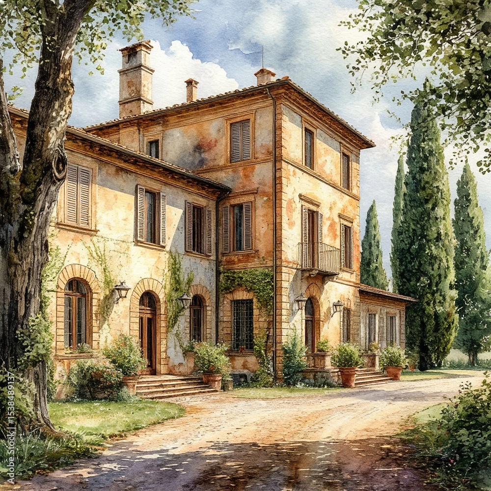 Obraz premium Stone old Italian villa, cypress trees and gravel road. Watercolor illustration. A rural landscape with an old brick house, arched passageways with a terrace and flowers. Travel and leisure theme