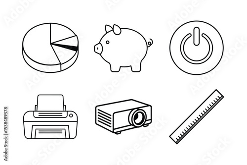 Business Icons Including Printer Piggy Bank and Pie Chart