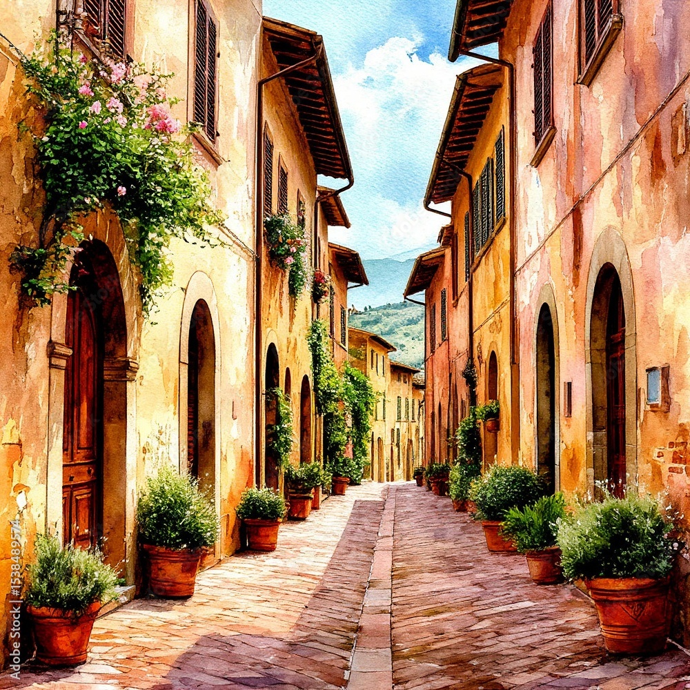 Fototapeta premium A classic Italian street with a stone-paved pavement. Watercolor illustration. Wooden doors, arches, walls covered with flowers and the blue sky on the postcard. Travel and leisure theme