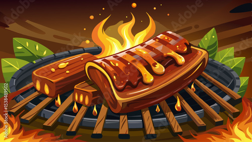 Grilled bbq ribs glazed with honey on a smoky grill Very beautiful