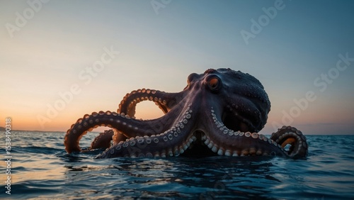Giant Octopus Emerging from Calm Ocean Waters at Sunset