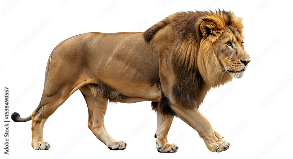 Obraz premium Lion Walking Isolated on White Background Profile View