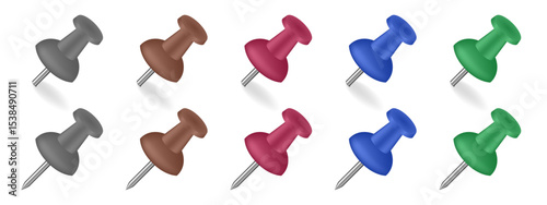 Set of multicolored push pins. Gray, brown, burgundy, blue and green colors. Paper holder	