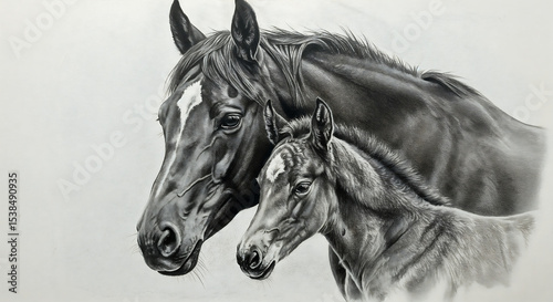 Tender Mare and Foal in Intimate Bonding Moment on Simple Gray Background