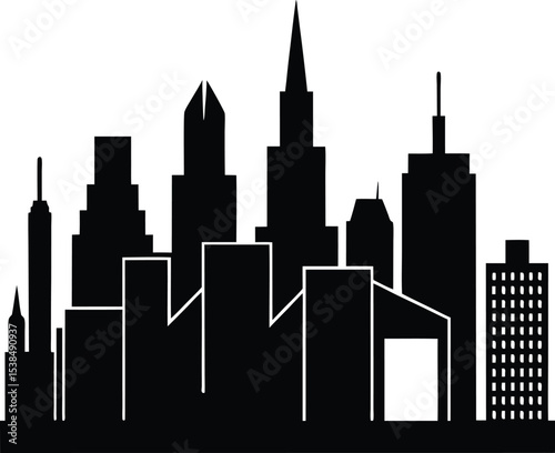 Vector art of a high-rise city skyline in silhouette