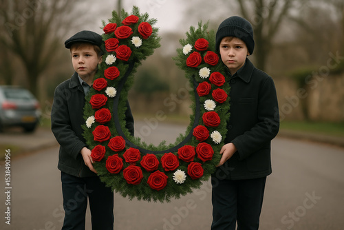 
boys carry a wreath