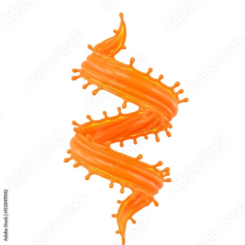 A bright splash of orange juice swirls into a dynamic spiral on a white background. Close-up with high-quality textures and drops, evoking freshness and energy.