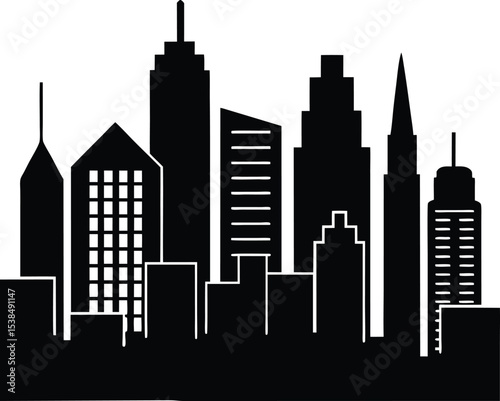 Urban skyline silhouette with skyscrapers and towers in bold black