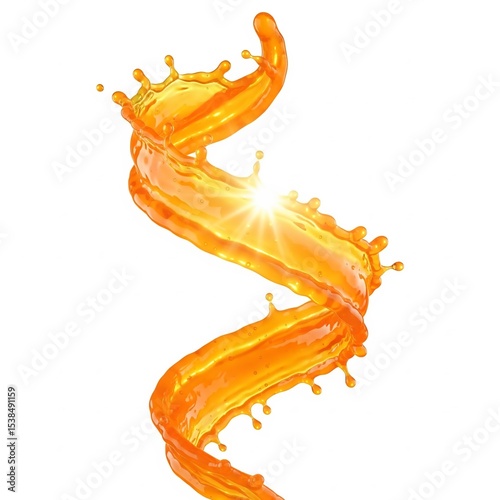 A bright splash of orange juice swirls into a dynamic spiral on a white background. Close-up with high-quality textures and drops, evoking freshness and energy.