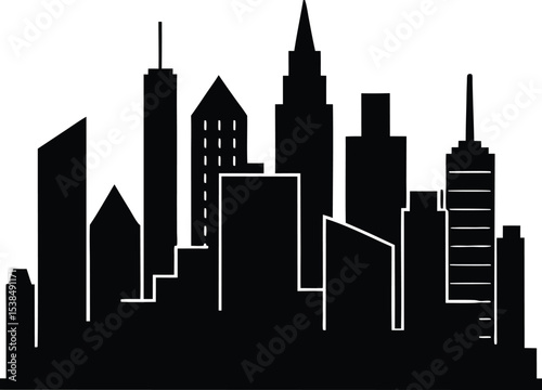 Modern cityscape silhouette in bold black with towers