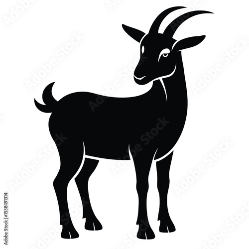 A solid black goat with curved horns and a short tail stands calmly