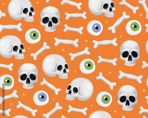 Halloween seamless pattern. Halloween cartoon illustration, skulls, bones and eyes on an orange background. Design for wrapping paper, print.