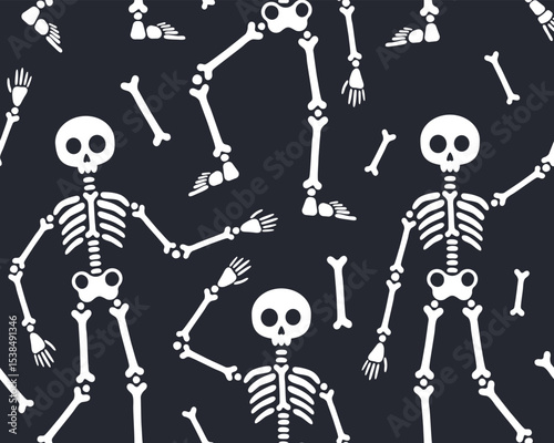 Halloween and day of the dead seamless pattern. Skeletons in different poses, white silhouettes of skeletons on a black background, skull, bones. Design for wrapping paper, print.