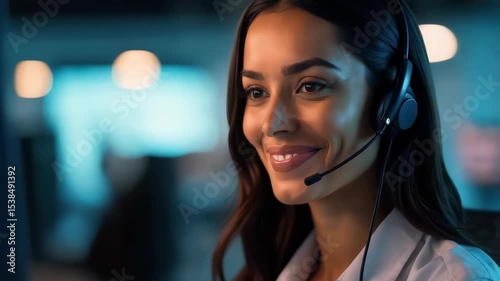 A smiling woman provides excellent customer support while using a headset. Polite customer service feedback