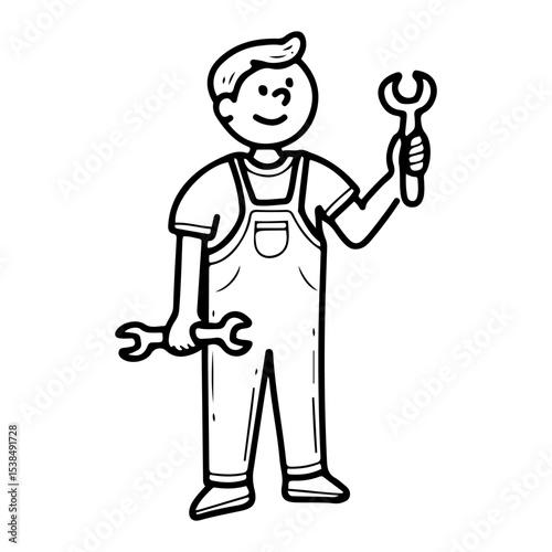 Mechanic cartoon character. Hand drawn doodle vector. Auto service. Garage worker. Man in uniform holding wrench. Professional car repairman. Diagnostic station engineer. Illustration line art.
