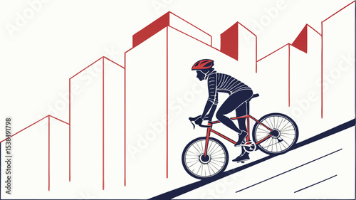 Silhouette of cyclist riding uphill with city buildings in the background in a minimal art style
