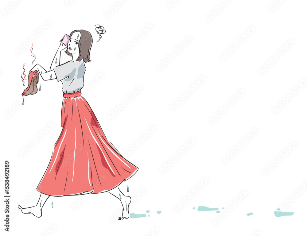 Obraz premium 汗や雨によるパンプスの濡れに困る可愛い女性 