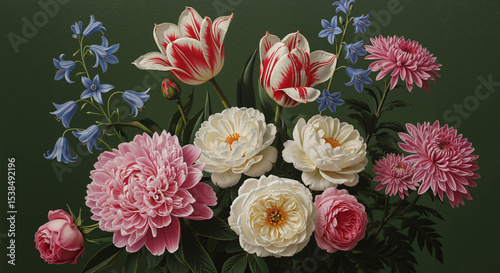 Floral still life painting realistic in pastel tones showing a lush bouquet of mixed peonies and tulips