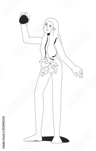 Eve holding forbidden fruit 2D line bible character. Genesis female. Biblical woman apple with long hair and fig leaf covering body isolated vector ink outline person. Monochromatic spot illustration