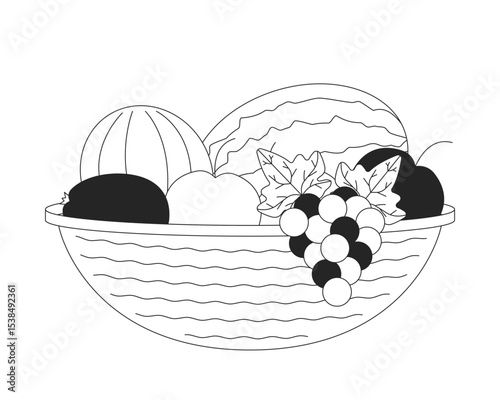 Woven basket brimming assorted fruits 2D line object. Fresh harvest. Healthy apples, melon, watermelon, grapes. Food abundance isolated clipart vector ink outline item. Monochrome spot illustration