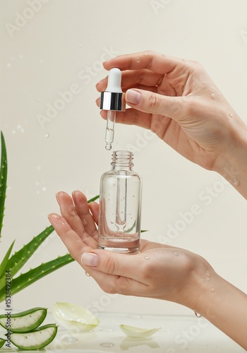 aloe vera serum product photography in neutral beige tones with space