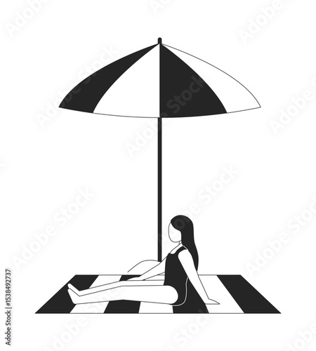 Girl relaxing under beach umbrella 2D line character. Young woman in long dark hair in swimsuit sitting in parasol shade isolated vector ink outline person faceless. Monochromatic spot illustration