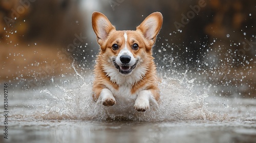 Pembroke Corgi with Joyful Mood Leaping Through Splashing Water on Shallow Shore
