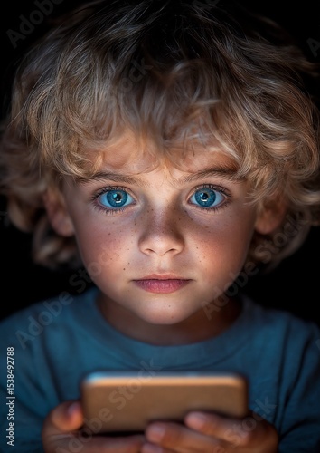 Boy with phone contemplative and absorbed illuminated by screen glow on dark blurred background