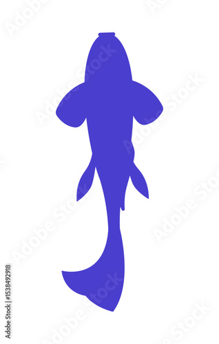 Koi fish silhouette viewed from above 2D purple blue filled character. Abstract ornamental carp. Japanese fish tattoo. Aquatic symbol isolated clipart vector glyph animal. Monochrome spot illustration