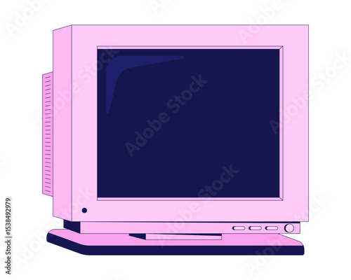Angled pink CRT monitor bulky 90s screen 2D cartoon object. Analog display. Y2k hardware. Tech nostalgia. Oldschool technology isolated element flat vector clip art on white. Spot illustration