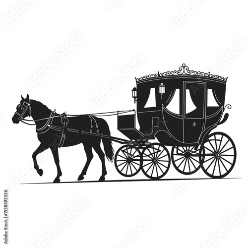 Horse-Carriage silhouette with horse. Vector illustration of brougham in baroque style. Vintage carriage isolated on white background. Good for design, invitation card, logo or decoration