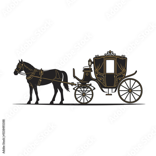 Horse-Carriage silhouette with horse. Vector illustration of brougham in baroque style. Vintage carriage isolated on white background. Good for design, invitation card, logo or decoration