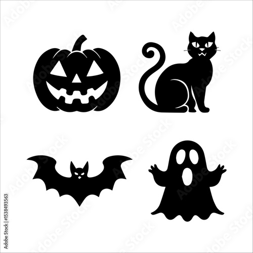 A black and white illustration of four Halloween-themed silhouettes arranged  on a white background.